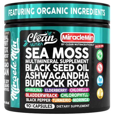 Clean Nutra Sea Moss Capsules with Ashwagandha, Black Seed Oil, Burdock Root, Bladderwrack, Moringa, Chlorella, Spirulina, Turmeric, Elderberry, Amla - 90 Vegan Capsules - MiracleMin