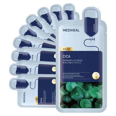 Mediheal Dermaplus Cica Mask (10 Counts) - Daily Vegan Mask for Calming Skin with Panthenol Hyaluron, Korean Self Skin Care Sheet Mask
