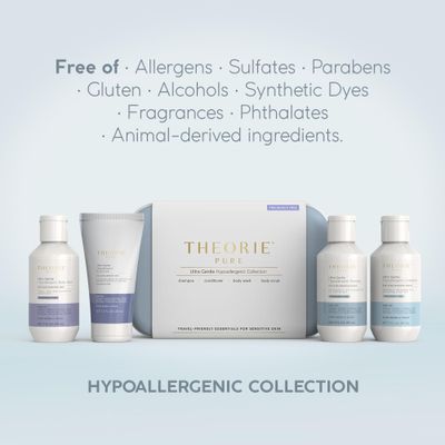 THEORIE PURE Travel Size Toiletries Set - Hypoallergenic Shampoo, Conditioner, Body Wash Body Scrub - Fragrance-Free, No Sulfates or Parabens - Clean Beauty Essentials for Hair Skin