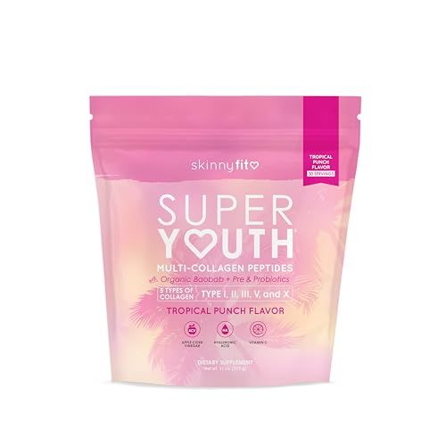 SkinnyFit Super Youth Tropical Punch Multi-Collagen Peptides Probiotics, Baobab Fiber, Apple Cider Vinegar, Hyaluronic Acid, Vitamin C, Skin, Hair, Joint Metabolism Support, 30 Servings