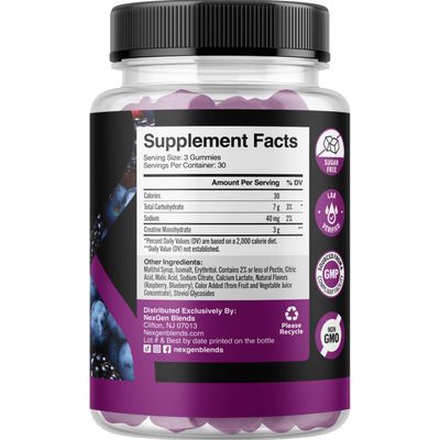 Sugar Free Creatine Monohydrate Gummies - Vegan Creatine Gummies for Women Men with 3000mg per 3 Creatine Chews Supports Energy Recovery - Gluten Free Non-GMO - Wild Berry Flavor (30 Servings)