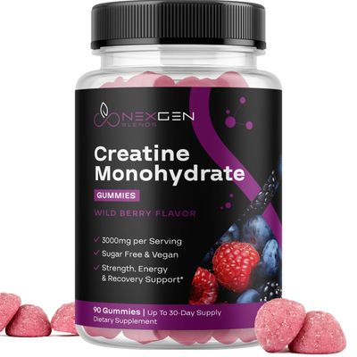 Sugar Free Creatine Monohydrate Gummies - Vegan Creatine Gummies for Women Men with 3000mg per 3 Creatine Chews Supports Energy Recovery - Gluten Free Non-GMO - Wild Berry Flavor (30 Servings)