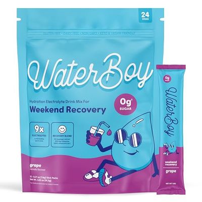 Waterboy Weekend Recovery 3,187mg Electrolyte Powder Packets Ginger L-Theanine Vitamins No Sugar, All Natural, Gluten Free 24 Drink Stick Mixes (Grape)