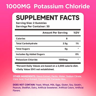 Potassium Gummies, Potassium Chloride 1000mg for Adults, Sugar-Free Potassium Supplement Gummies Support Electrolyte Balance Leg Cramps for Women Men, Raspberry Flavor, 60 Count