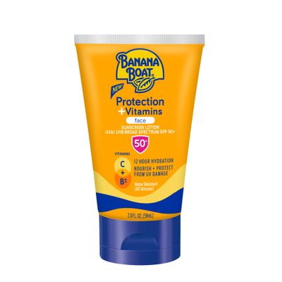 Banana Boat Protection Vitamins Face Sunscreen Lotion SPF 50 Travel Size Sunscreen for Face, Moisturizing with Vitamin C Vitamin B3 Niacinamide, SPF 50 Sunblock Lotion, Fragrance Free, 2oz