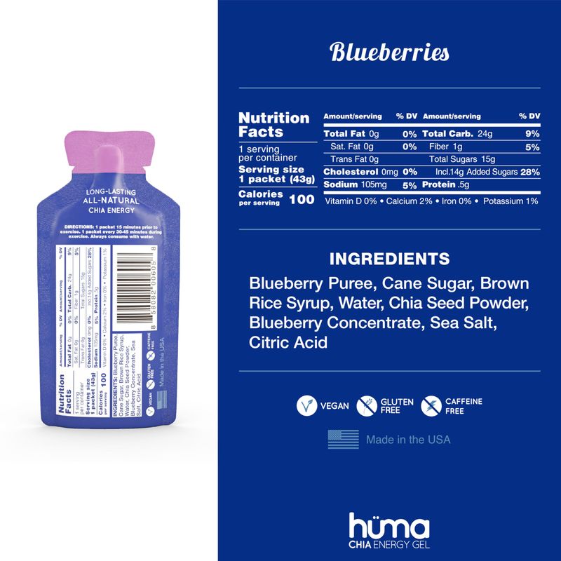 Huma Chia Energy Gel, Blueberries, 24 Gels - Premier Sports Nutrition for Endurance Exercise