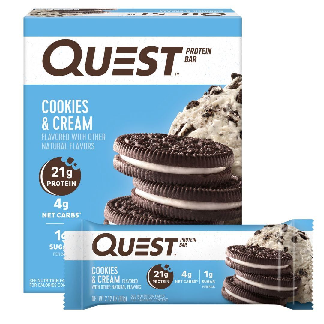 Quest Nutrition Cookies Cream Protein Bars, 21g Protein, 4g Net Carbs, 1g Sugar, Gluten Free, Keto Friendly, 4 Count