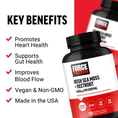 FORCE FACTOR Irish Sea Moss Beet Root Supplement to Support Immunity, Circulation, Natural Energy, Heart Health, with Antioxidants, Non-GMO, Vegan-Friendly, Soy-Free, 120 Vegetable Capsules