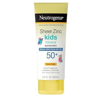 Neutrogena Kids Mineral Sunscreen Sheer Zinc Oxide Lotion, Broad Spectrum SPF 50 with UVAUVB Protection, Water Resistant for 80 Minutes, Fragrance and Tear Free, 3 FL OZ
