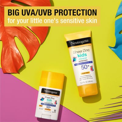 Neutrogena Kids Mineral Sunscreen Sheer Zinc Oxide Lotion, Broad Spectrum SPF 50 with UVAUVB Protection, Water Resistant for 80 Minutes, Fragrance and Tear Free, 3 FL OZ