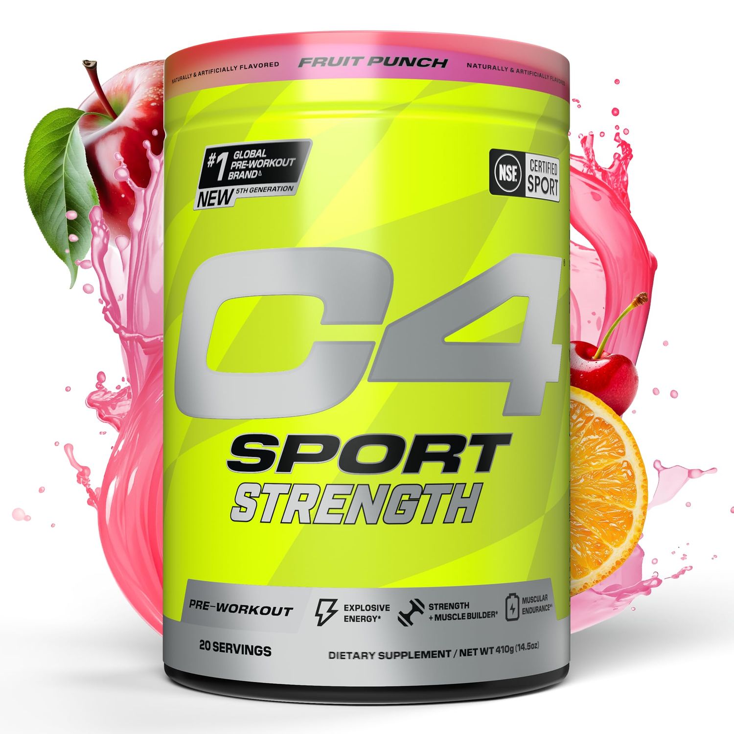 Cellucor C4 Sport Strength Pre Workout Powder - NSF Certified for Sport - Beta-Alanine, Creatine, 200mg Caffeine - Sugar Free Energy Supplement for Men Women - Fruit Punch, 20 Servings