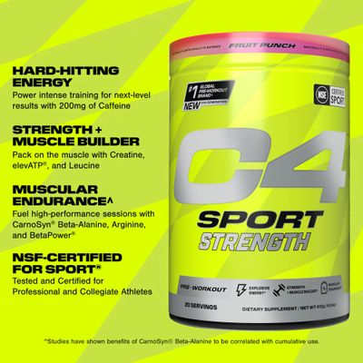 Cellucor C4 Sport Strength Pre Workout Powder - NSF Certified for Sport - Beta-Alanine, Creatine, 200mg Caffeine - Sugar Free Energy Supplement for Men Women - Fruit Punch, 20 Servings