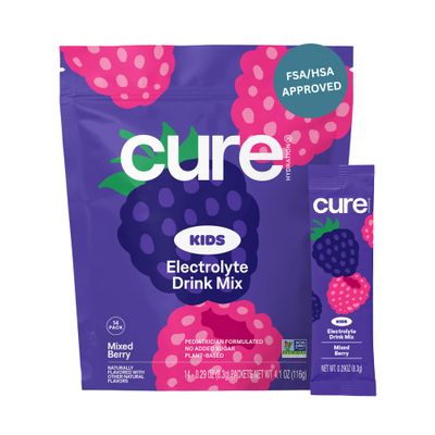 Cure Hydration - Kids Electrolyte Drink Mix Plant-Based Pediatrician Formulated Rehydration No Added Sugar, Non-GMO, Gluten-Free, No Artificial Flavors Pouch of 14 Packets - Mixed Berry