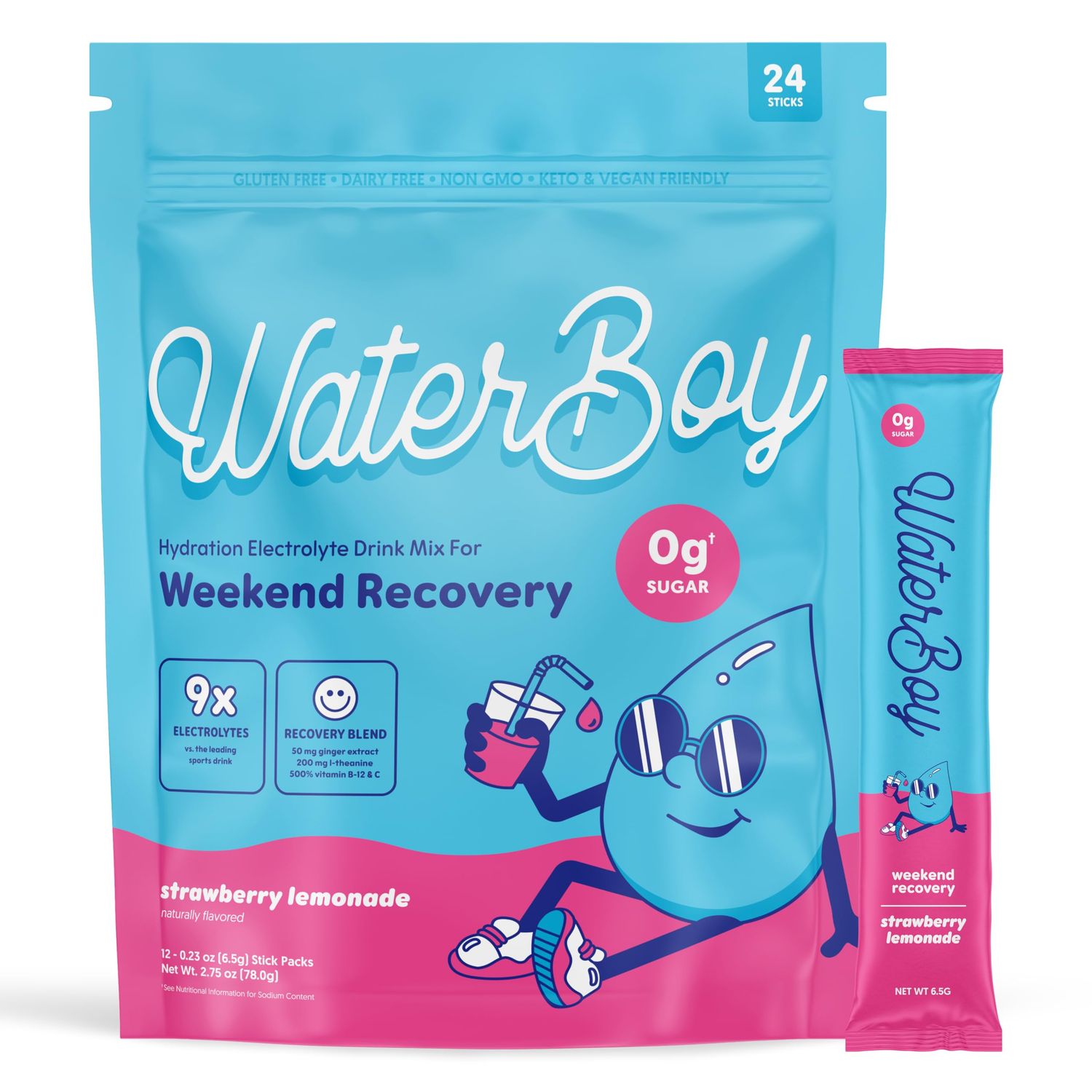 Waterboy Weekend Recovery 3,200mg Electrolyte Powder Packets Ginger L-Theanine Vitamins No Sugar, All Natural, Gluten Free 24 Drink Stick Mixes (Strawberry Lemonade)