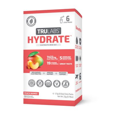 TRULABS Hydrate Peach Mango 6ct. Sugar Free Electrolytes Hydration Packets. Each Serving Contains 1422 mg of Electrolytes 19 Vitamins Minerals.