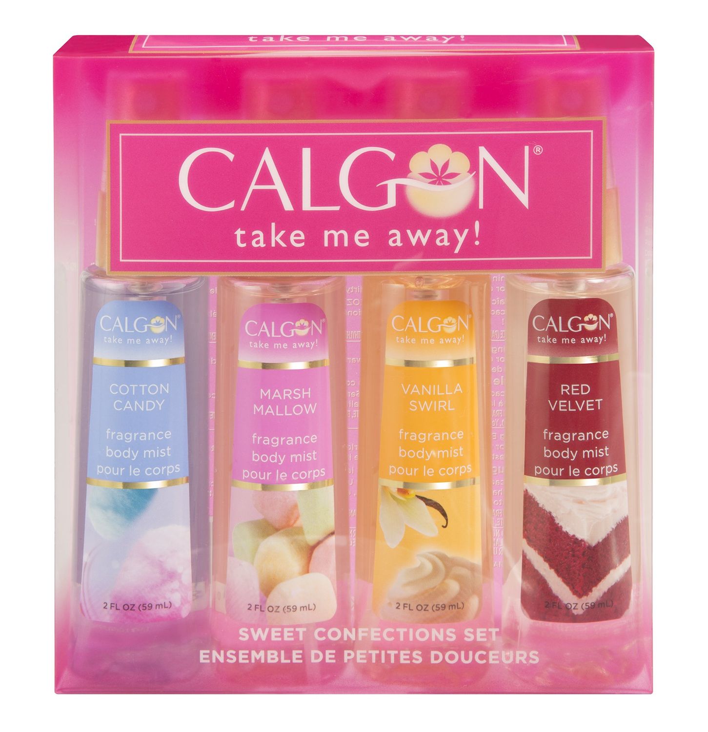 Calgon Take Me Away 4 Pc Gift Set (Refreshing Body Mist 2.0 Oz Of Cotton Candy Marsh Mallow Vanilla Swirl Red Velvet) for Women By 2 Fl Oz