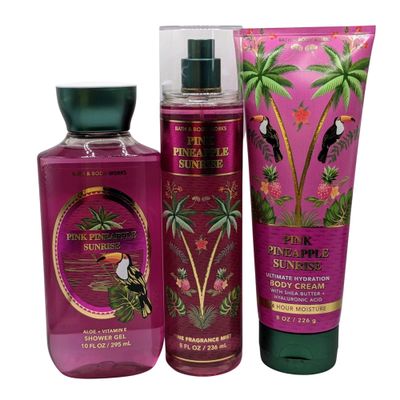 Bath Body Works - Pink Pineapple Sunrise - 3 pc Bundle - Fine Fragrance Mist, Ultimate Hydration Body Cream and Shower Gel - Spring 2022