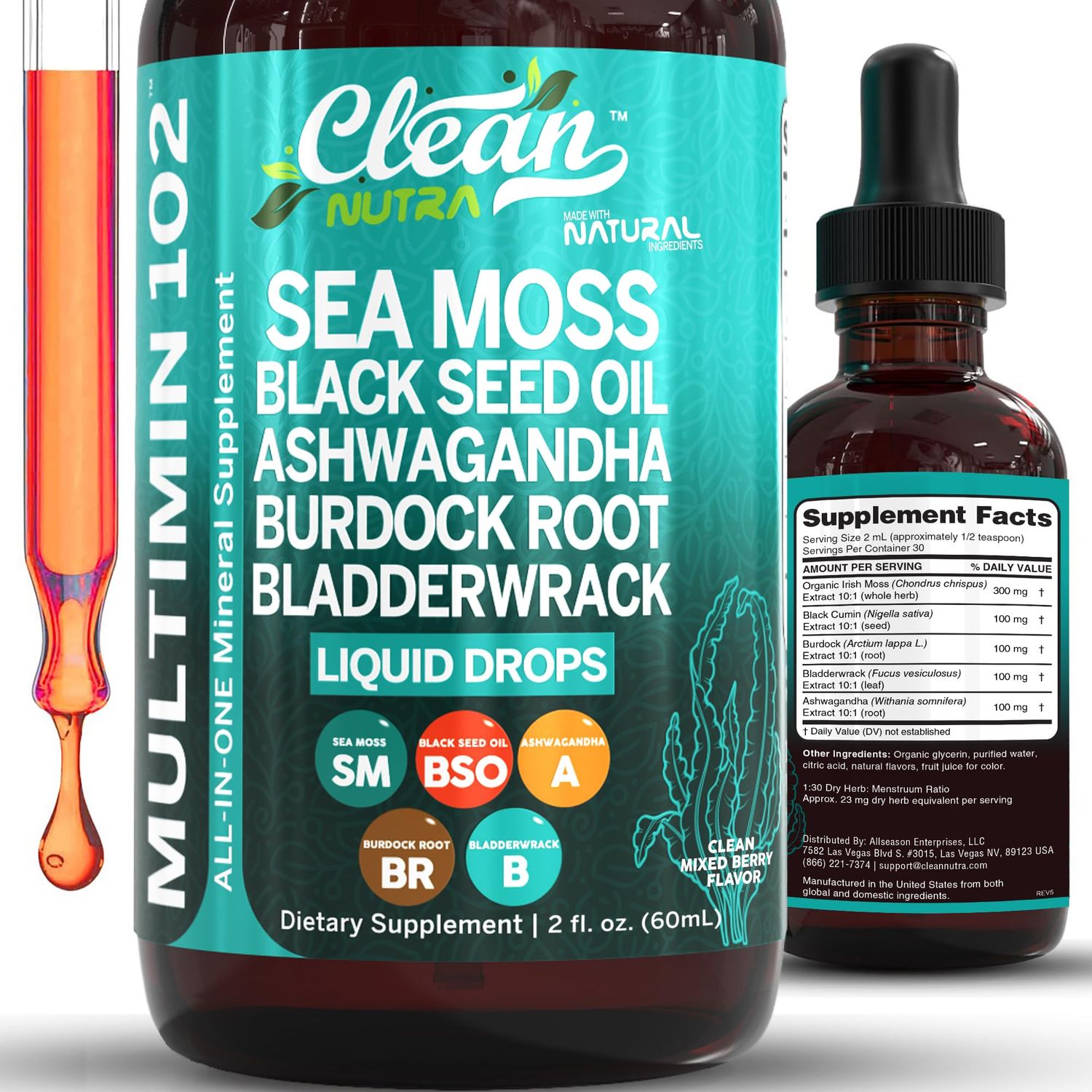 Clean Nutra Organic Sea Moss Drops Supplement Black Seed Oil Irish Seamoss Ashwagandha Burdock Root Bladderwrack - Multimineral Liquid Vegan for Gut Heath Energy Skin Immune Support Hair