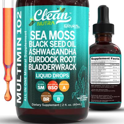 Clean Nutra Organic Sea Moss Drops Supplement Black Seed Oil Irish Seamoss Ashwagandha Burdock Root Bladderwrack - Multimineral Liquid Vegan for Gut Heath Energy Skin Immune Support Hair