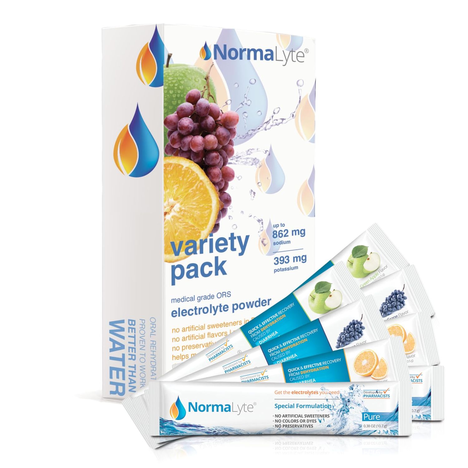 NormaLyte Oral Rehydration Salts- Pack of 8 (4 Flavours) Electrolyte Powder, Energy Supplements, Electrolytes Powder Packets, Potassium Supplement, Vegan, Dehydration Tablets