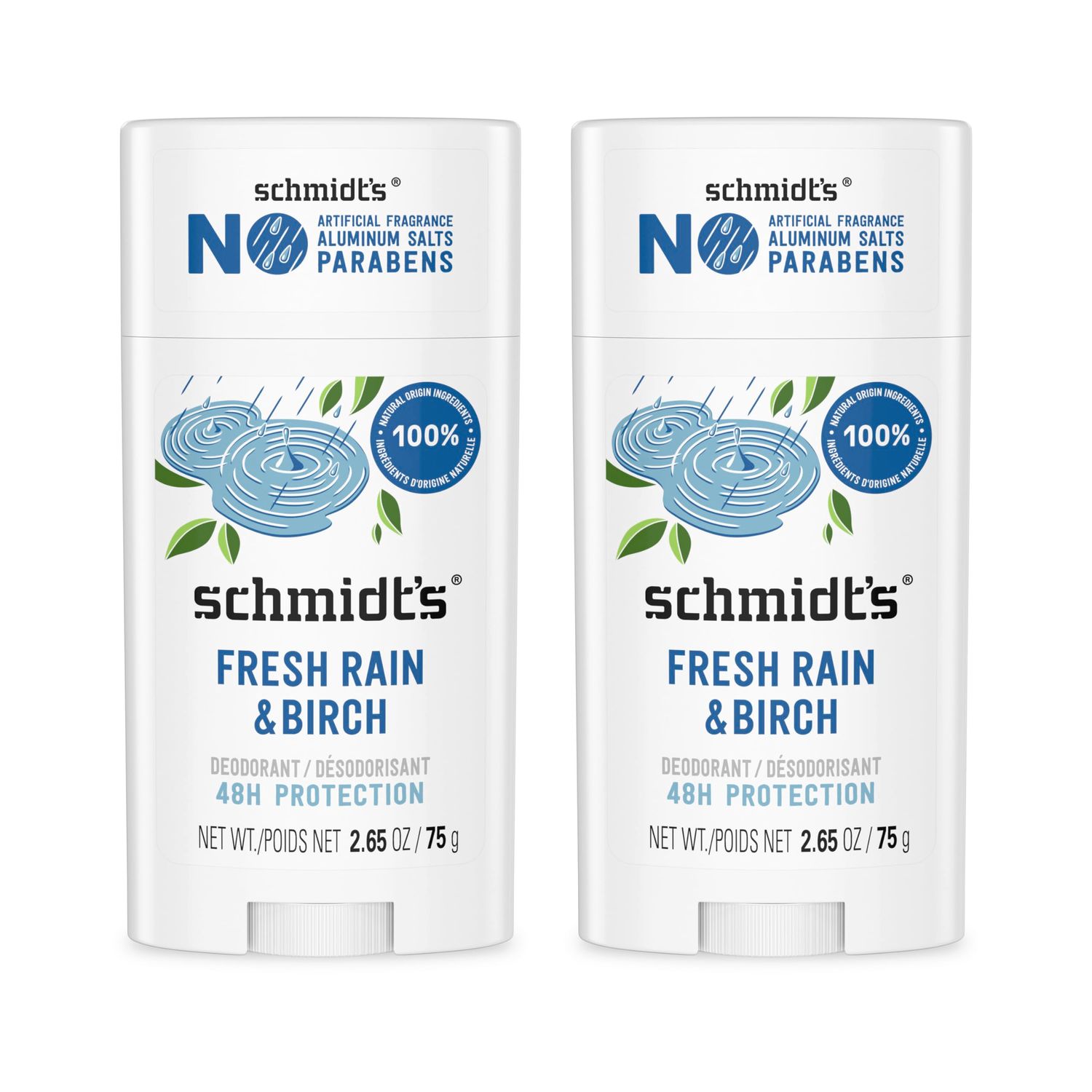 Schmidt&#39;s Aluminum-Free Vegan Deodorant Fresh Rain Birch with 24 Hour Odor Protection, 2 Count for Women and Men, Natural Ingredients, Cruelty-Free, 2.65 oz