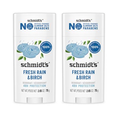 Schmidt&#39;s Aluminum-Free Vegan Deodorant Fresh Rain Birch with 24 Hour Odor Protection, 2 Count for Women and Men, Natural Ingredients, Cruelty-Free, 2.65 oz