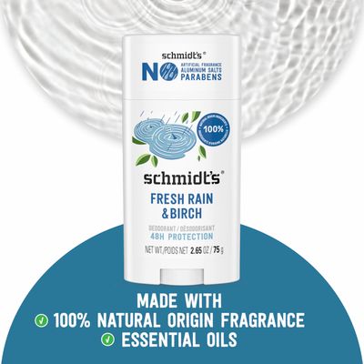 Schmidt's Aluminum-Free Vegan Deodorant Fresh Rain Birch with 24 Hour Odor Protection, 2 Count for Women and Men, Natural Ingredients, Cruelty-Free, 2.65 oz