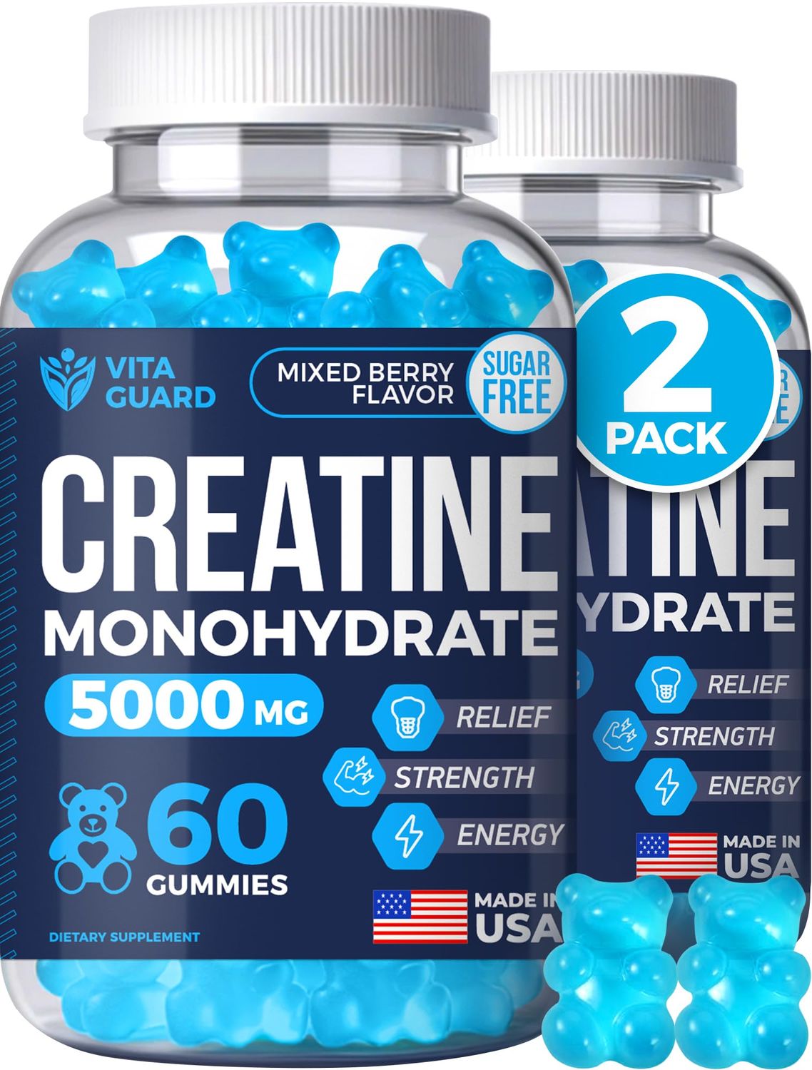 Vita Guard 5000mg Creatine Monohydrate Gummies Formula for Men and Women Ultimate Muscle Builder, Energy Booster Pre-Workout Supplement (2 Pack)