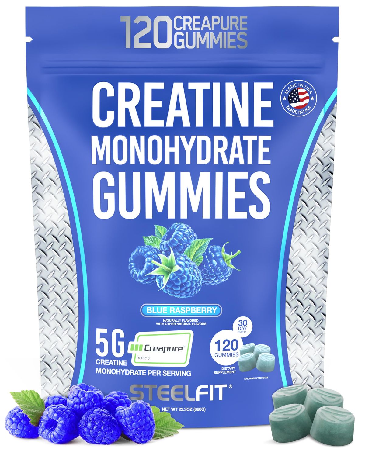 SteelFit Creapure Creatine Monohydrate Gummies for Men Women, Blue Raspberry - Gym Workout Nutritional Supplements for Muscle Gain, Brain Health Strength Building Dietary Supplement, 120 Gummies
