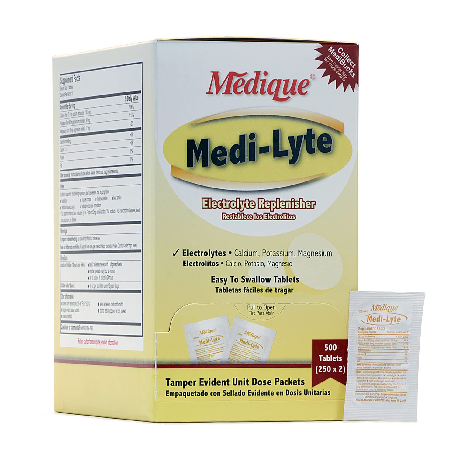 Medique Medi-Lyte Electrolyte Replenisher, Fast Relief from Heat, Stress, Fatigue, and Muscle Cramping, Easy to Swallow Tablets, 500 Tablets (250 x 2)