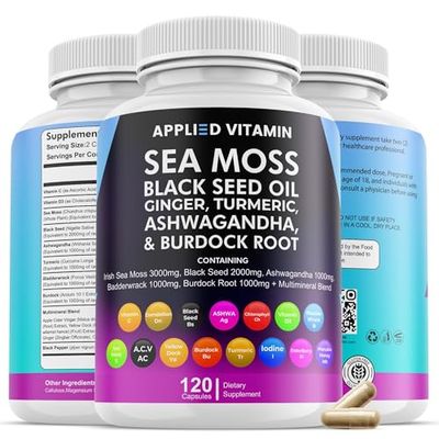 Applied Vitamin Sea Moss 3000mg Capsules, Organic Immune Support Black Seed Oil, Ashwagandha Supplements, Bladderwrack Organic, Turmeric, Burdock Root Organic, Vitamin C, D3, Vegan Minerals (120)