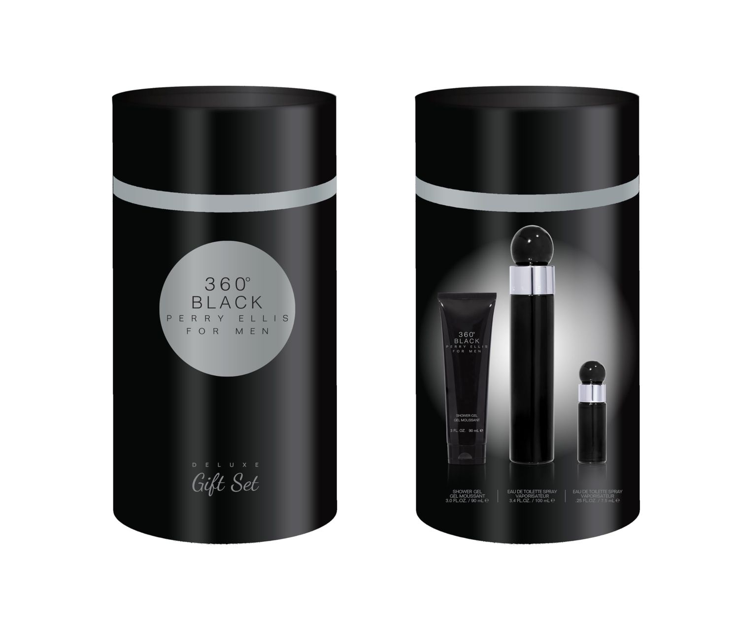Perry Ellis Fragrances Perry Ellis 360 Black Men&#39;s Cologne - 3-piece Gift Set - 3.4 Fl Oz EDT, 3 oz Shower Gel, .25 fl oz EDT mini travel spray - fresh, woody, clean, long-lasting