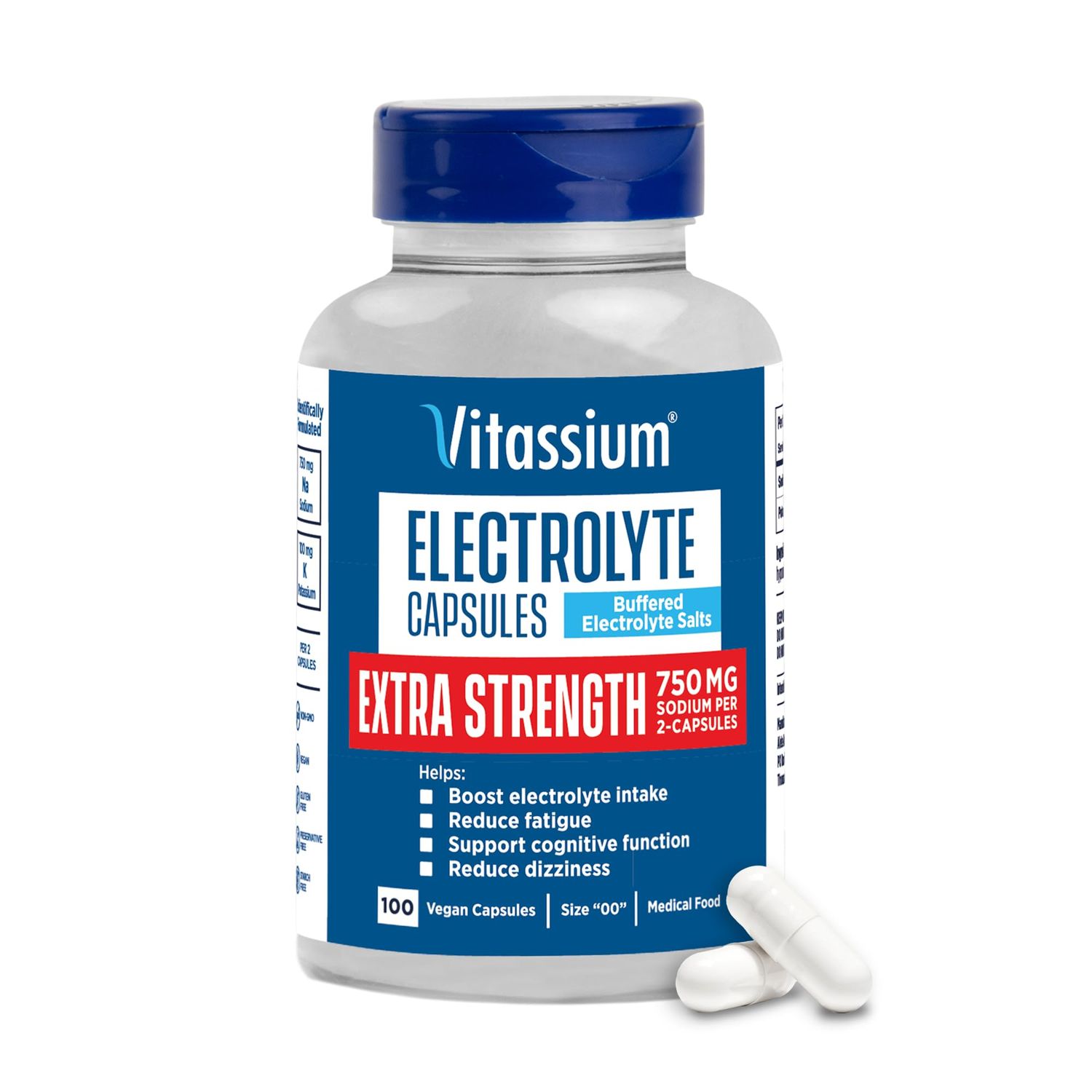 Vitassium Extra Strength Electrolyte Capsules, 750mg of Sodium for The Management of POTS and High Sodium Diets, Unflavored, 100 Salt Pills (Size 00)