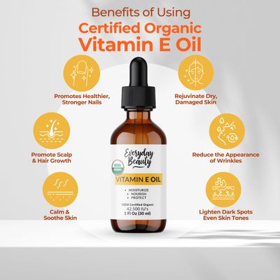 Organic Vitamin E Oil - Certified Organic Blend of Vitamin E - Deeply Hydrating Care for Face, Skin, Hair, Scars - Antioxidant-Rich, Fragrance-Free, and Gentle on Skin - 1 Fl Oz Glass Dropper Bottle