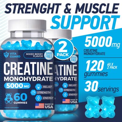 Vita Guard 5000mg Creatine Monohydrate Gummies Formula for Men and Women Ultimate Muscle Builder, Energy Booster Pre-Workout Supplement (2 Pack)