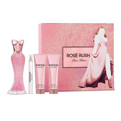 Paris Hilton Rose Rush 4 Pieces Gift Set for Women, (3.4 Ounce Eau de Parfum Spray 3.0 Ounce Body Lotion 3.0 Ounce Shower Gel 0.3 Ounce Eau de Parfum Spray)