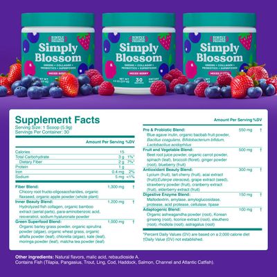 Simply Blossom Nutrition - Daily Greens Superfood Powder Collagen Probiotics for Women's Digestive Health Bloating Relief. Help Your Health Bloom - 30 Day Supply