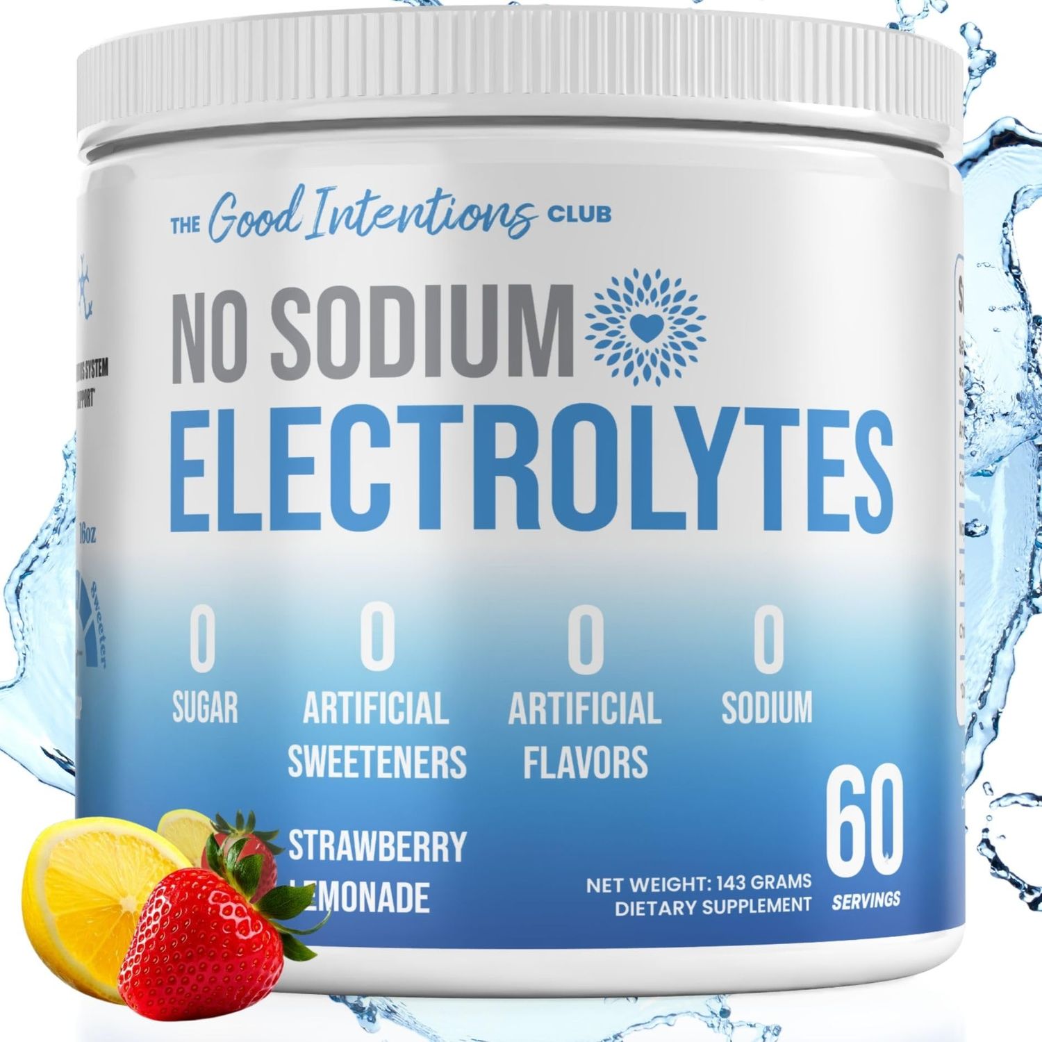 The Good Intentions Club Low Sodium Electrolytes - 60 Servings - Strawberry Lemonade - Sugar Free Electrolytes Powder - Electrolytes Without Sodium - Low Sodium Electrolyte Powder