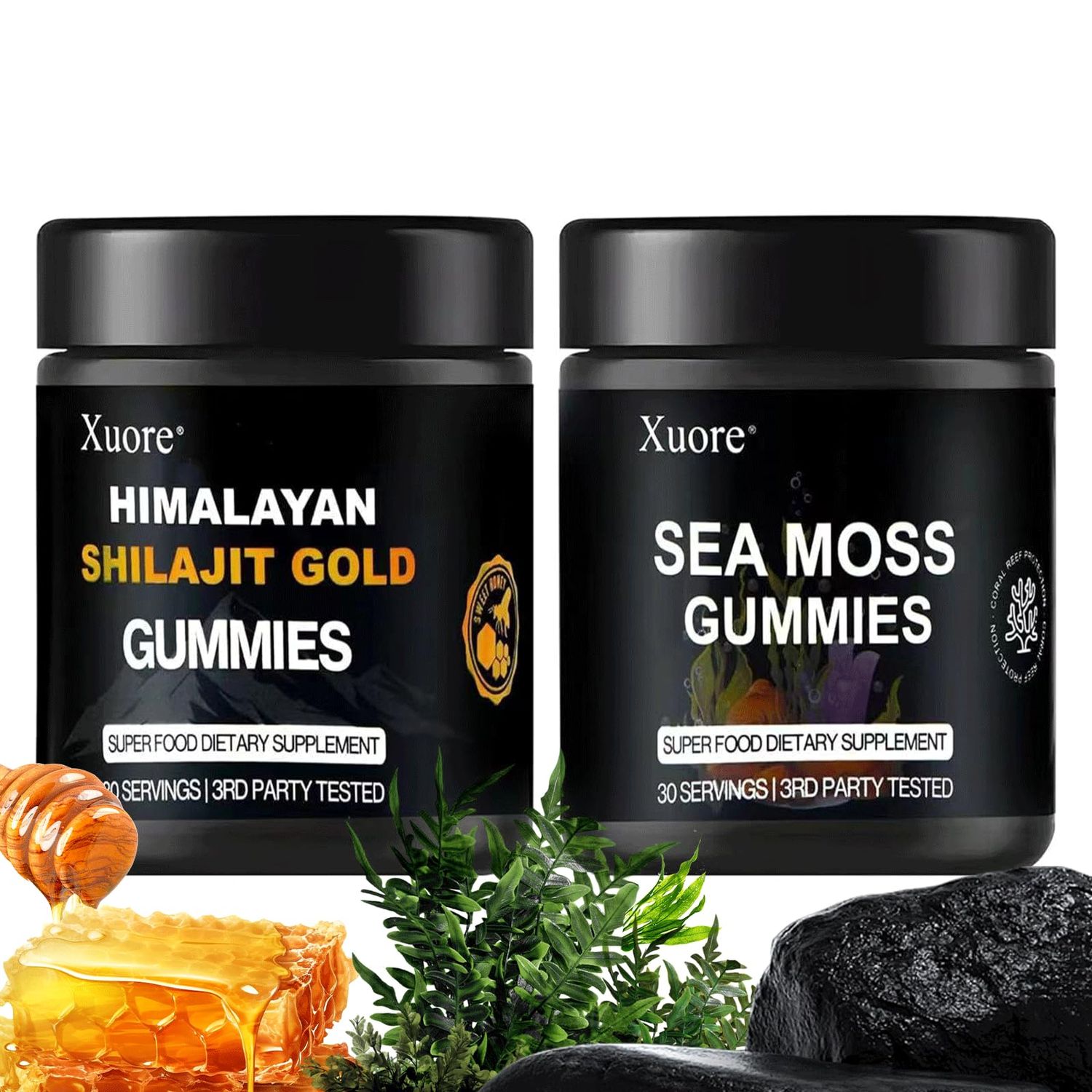 Xuore Bundle of Pure Himalayan shilajit sea Moss Gummies - 3000 mg shilajit, sea Moss 1600mg ksm 66 ashwagandha, no Added Sugar, lab Tested, 75 fulvic Acid, 92 Minerals, All in One Supplement