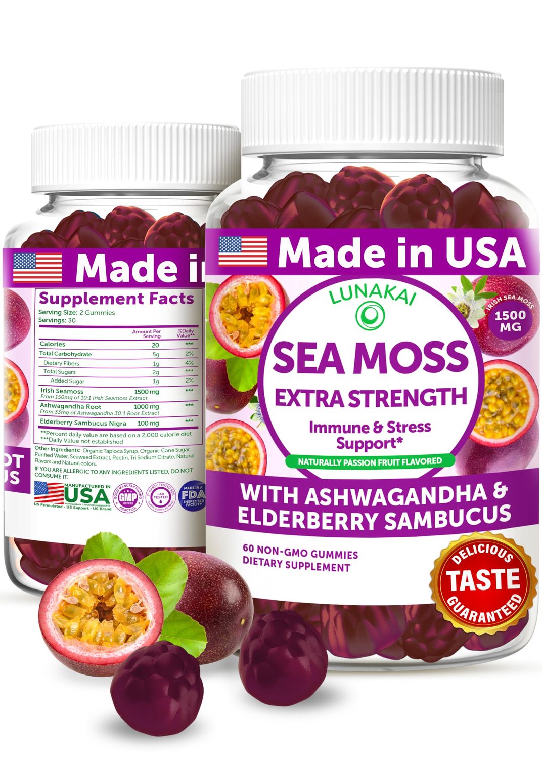 Lunakai USA Made Irish Sea Moss Gummies with Ashwagandha Elderberry - Delicious Immune Stress Support Supplement for Men Women, 60ct