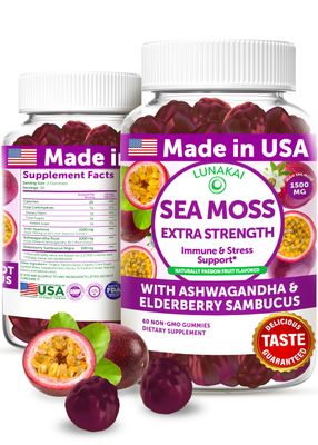 Lunakai USA Made Irish Sea Moss Gummies with Ashwagandha Elderberry - Delicious Immune Stress Support Supplement for Men Women, 60ct