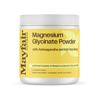 Mayfair Naturals Magnesium Glycinate Powder Supplement, with Ashwagandha and Irish Sea Moss, Supports Bone Strength Muscle Relaxation, 30 Servings