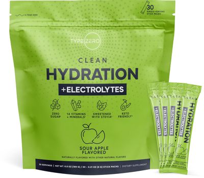 Type Zero Clean Hydration Electrolytes Drink Mix (30 Single-Serving Packets) (Sour Apple Flavored) - Advanced Hydration for Any Occasion