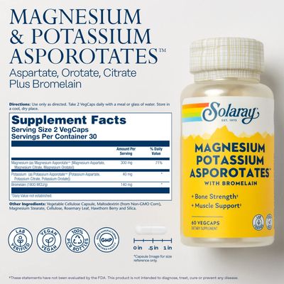 Solaray Magnesium and Potassium Asporotates wBromelain, Healthy Electrolyte, Muscle, Heart Cellular Support, 60 VegCaps