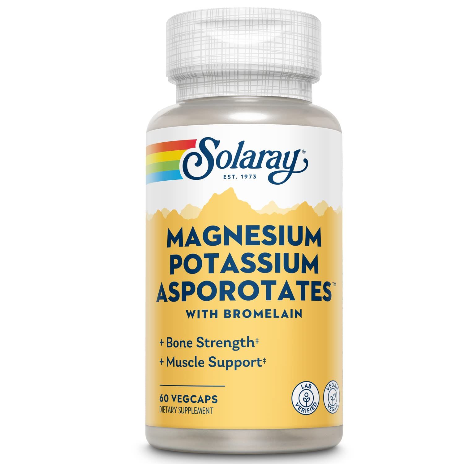 Solaray Magnesium and Potassium Asporotates wBromelain, Healthy Electrolyte, Muscle, Heart Cellular Support, 60 VegCaps