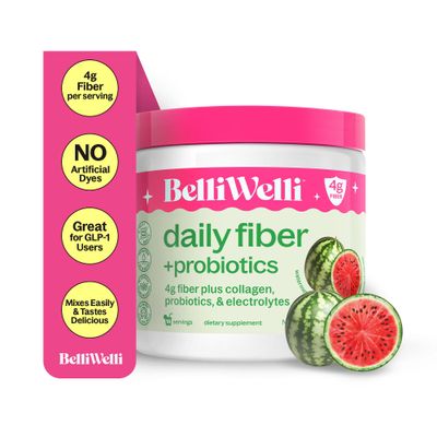 Belli Welli Daily Fiber Supplement Powder with Collagen, Probiotics Electrolytes Supports Digestive Health, Gut Balance Debloating Watermelon 16 Servings