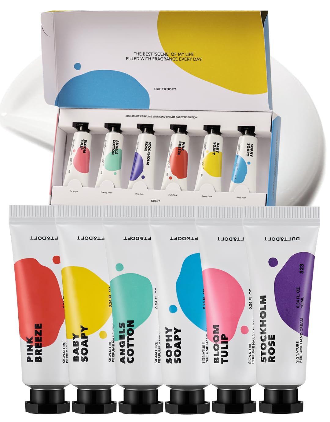 DUFTDOFT Mini Hand Cream Gift Set Pallete Edition - 6 Fragrances Had Moisturizer Non-Greasy With Shea Butter Collagen - Nourishing Hydrating Scented Cream - Pack Of 6 (0.3 Fl Oz)