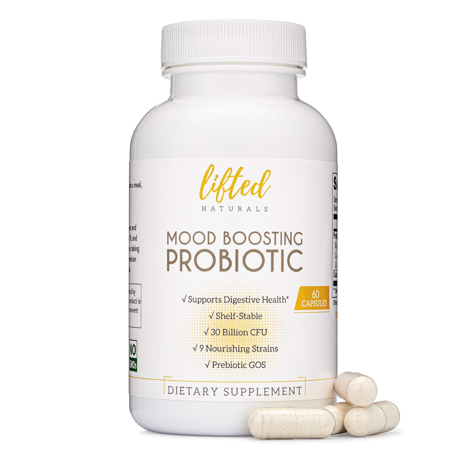 Lifted Naturals Mood Boosting Probiotic 30 Billion CFU - Mood Support Supplement, Prebiotics and Probiotics for Women Men, Acidophilus Lactobacillus Probiotic, Shelf Stable Non-GMO, 60 Capsules