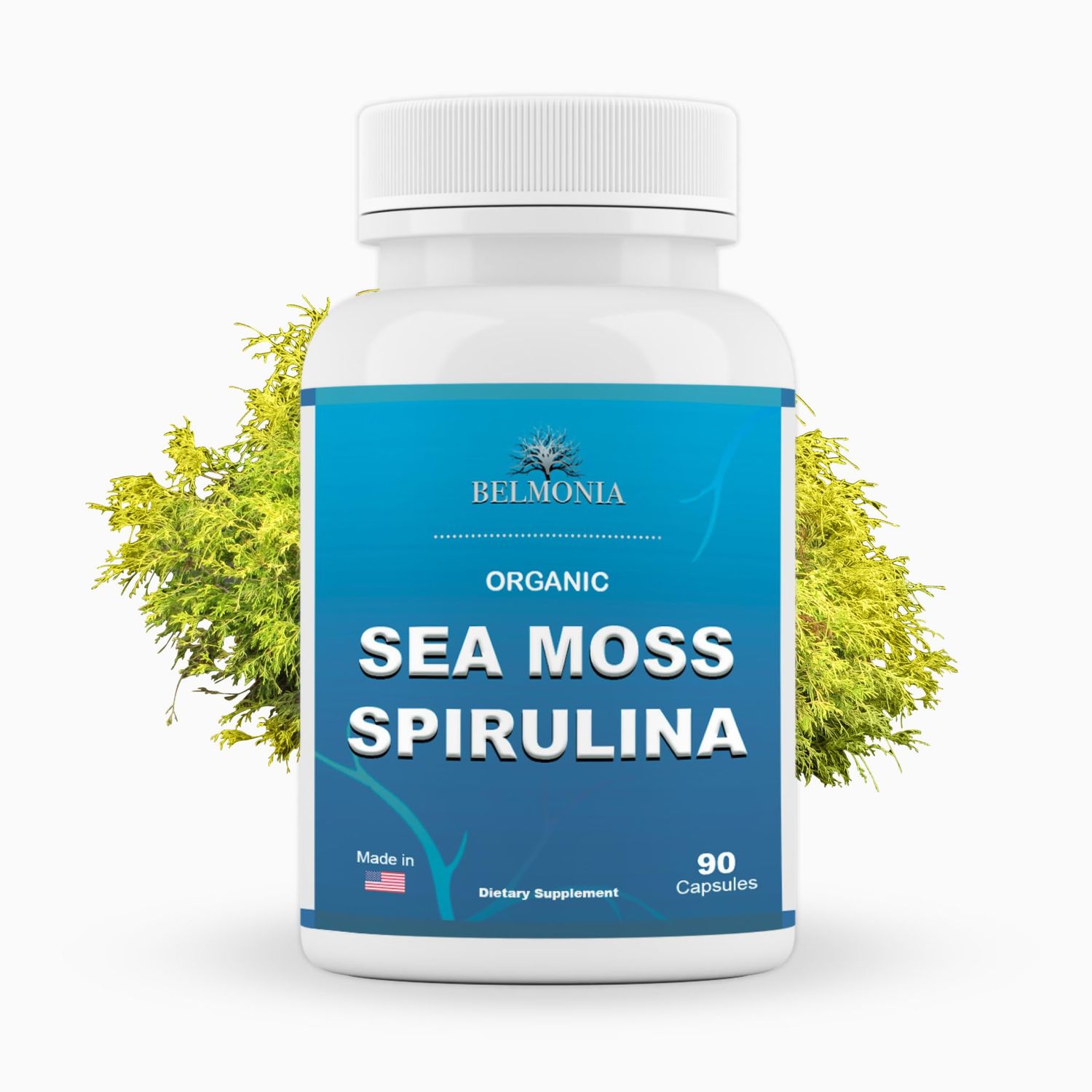 Belmonia Organic Sea Moss Spirulina, 90 Capsules, 100 Organic Sea Moss Spirulina, Strength Endurance- High Potency Sea Moss Supplement, Made in USA, Superfood Capsules for Men Women, Vegan