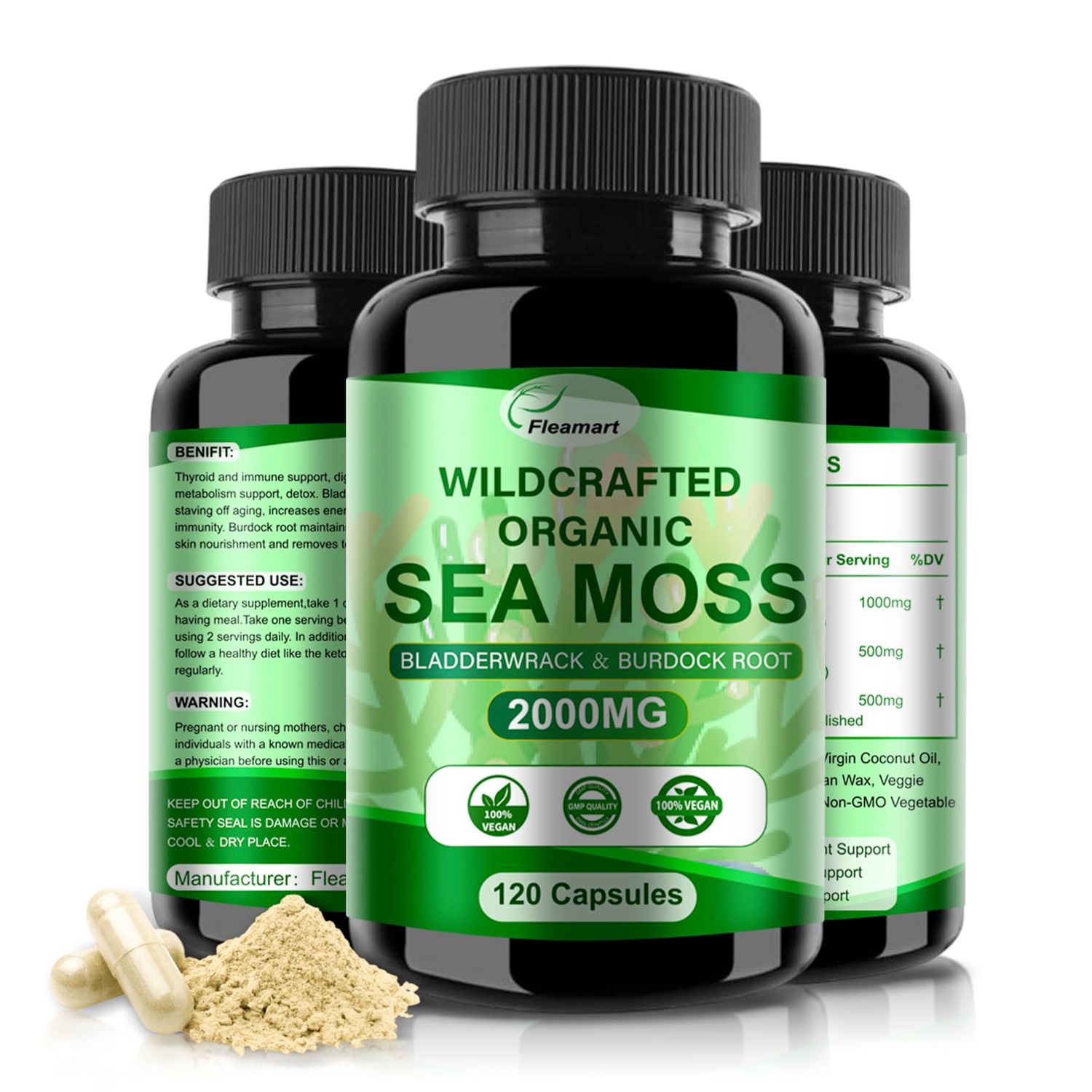 Fleamart Irish Sea Moss Capsules 120ct Raw Sea Moss Wildcrafted Bladderwrack Burdock Root Capsules Super Food Immune System Digestive Health Sea Moss Pills